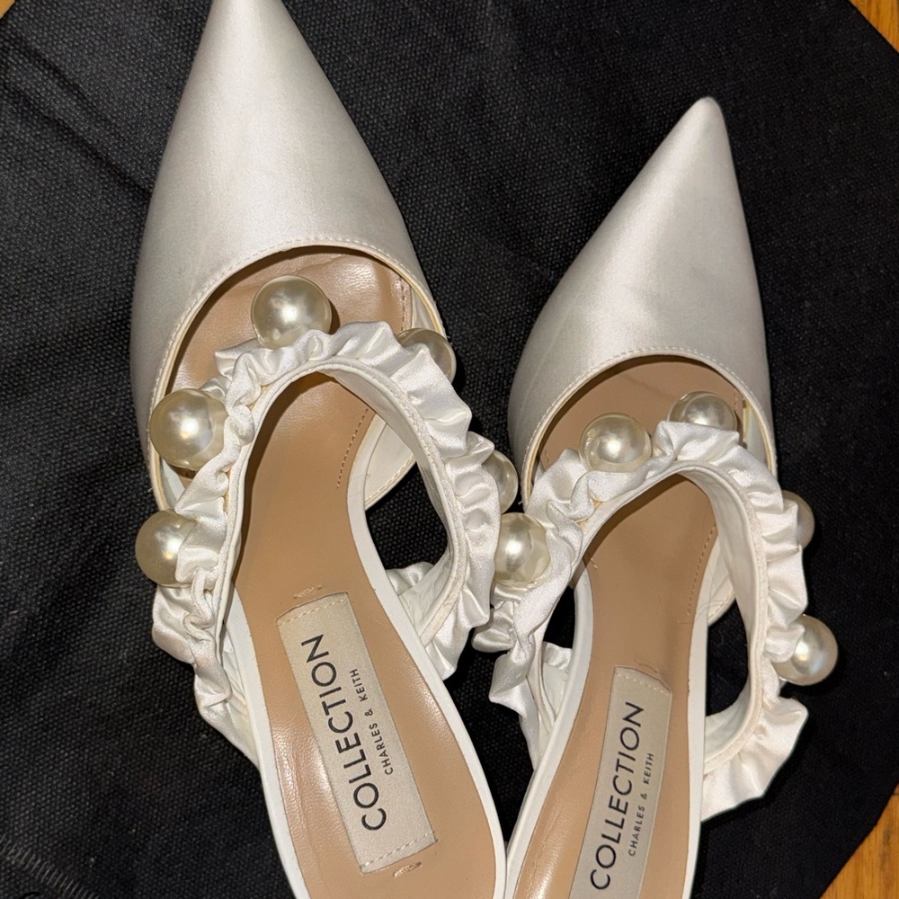 Charles & Keith White Heels with Pearl Accents